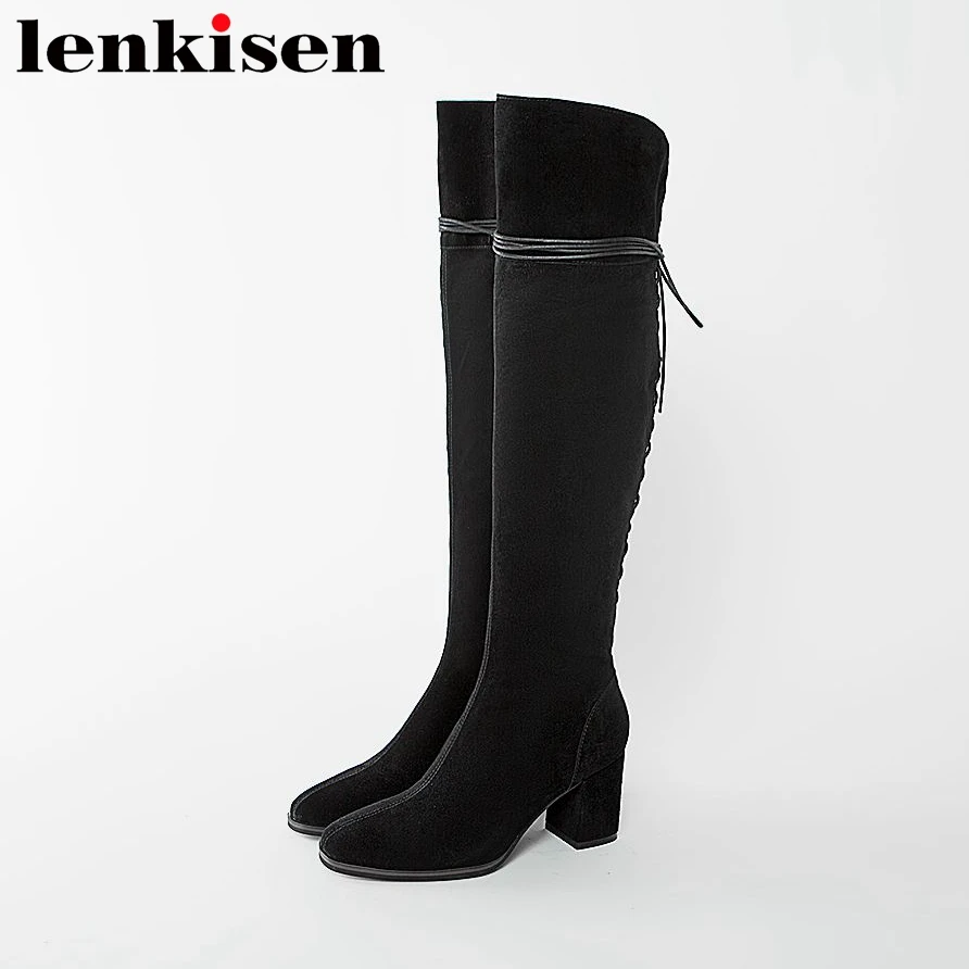 

Lenkisen streetwear narrow brand natural leather square toe thick high heels hollywood movie stars zip women knee-high boots L08