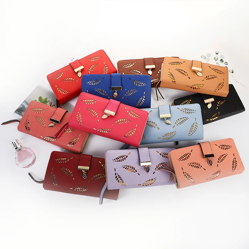 

Women Wallets Pu Leather Phone Pocket Long Wallet Hollow Leaf Lady Coin Purse Multi Card Holder 2019 New Porte Feuille Femme
