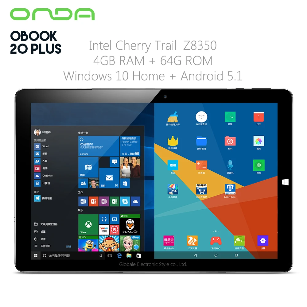 

Original Onda OBook 20 Plus Tablet PC 10.1 inch Dual OS Windows 10 Android 5.1 Intel Z8350 Quad Core 4GB RAM 64GB ROM