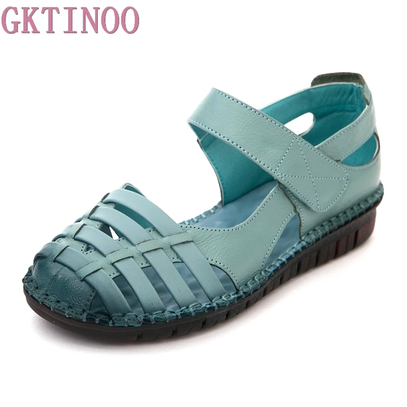 GKTINOO 2018 Summer New Soft Bottom Flat Genuine Leather Women Shoes Cut Out Gladiator Women Sandals Retro Handmade Sandals tyawkiho women genuine leather sandals summer shoes hollow out slip on leather sandal soft bottom retro handmade flat heels shoe