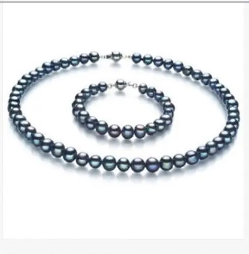 

Hot selling free shipping***** stunning sets of 9-10mm south sea round peacock green pearl necklace& bracelet