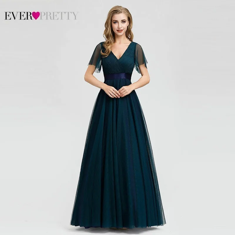 Новое Элегантное платье подружки невесты, длинное красивое платье трапециевидной формы с v-образным вырезом и коротким рукавом из тюля, длинное платье для свадебной вечеринки для женщин - Цвет: Navy Blue