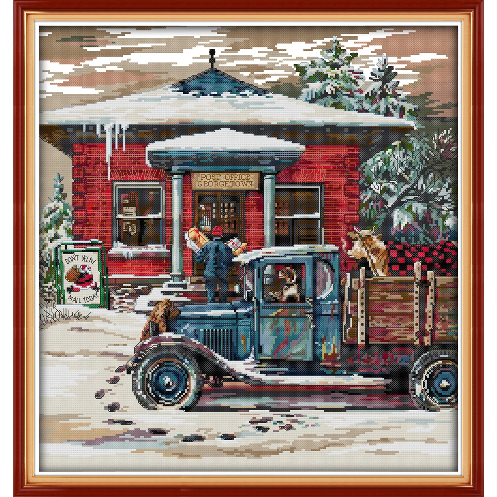 

Joy Sunday Christmas Post Office Chinese cross stitch kits Ecological cotton printed 11CT DIY gift wedding decoration for home