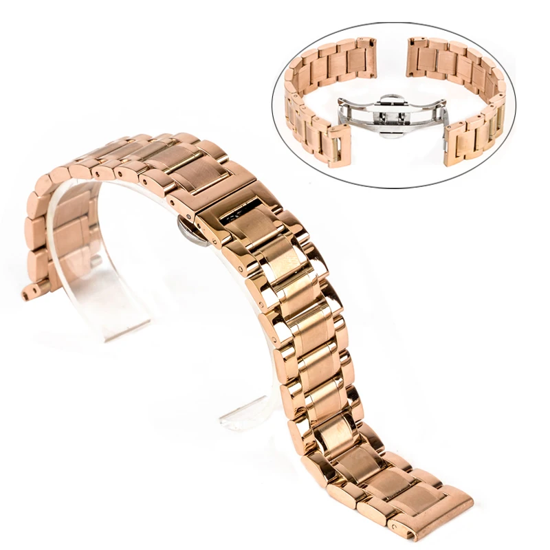Shellhard New High Quality Silver Black Rose Gold Watchband Stainless Steel Butterfly Clasp Buckle Straight End Watch Band Strap