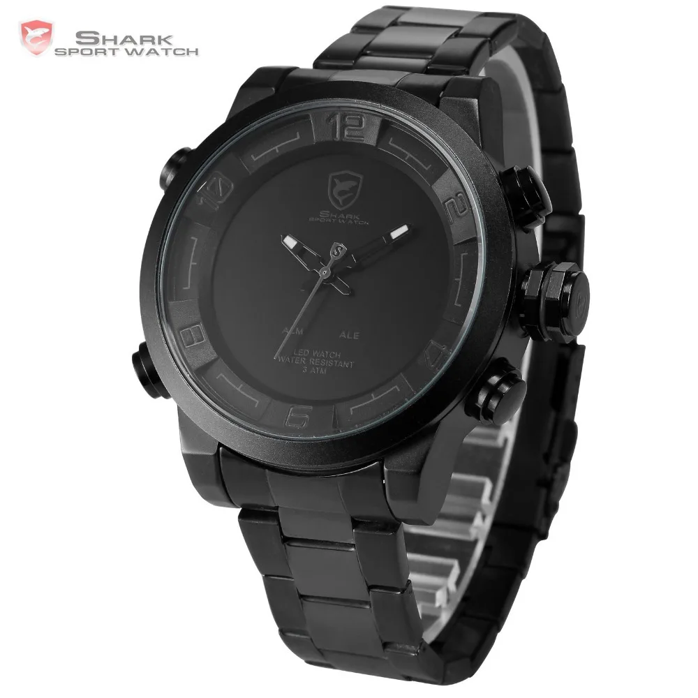 Нью-shark марка цифровые часы мужчин черный белый из светодиодов двойной время авто дата весь стальной ленты часы мужчины военная спортивные часы / SH364