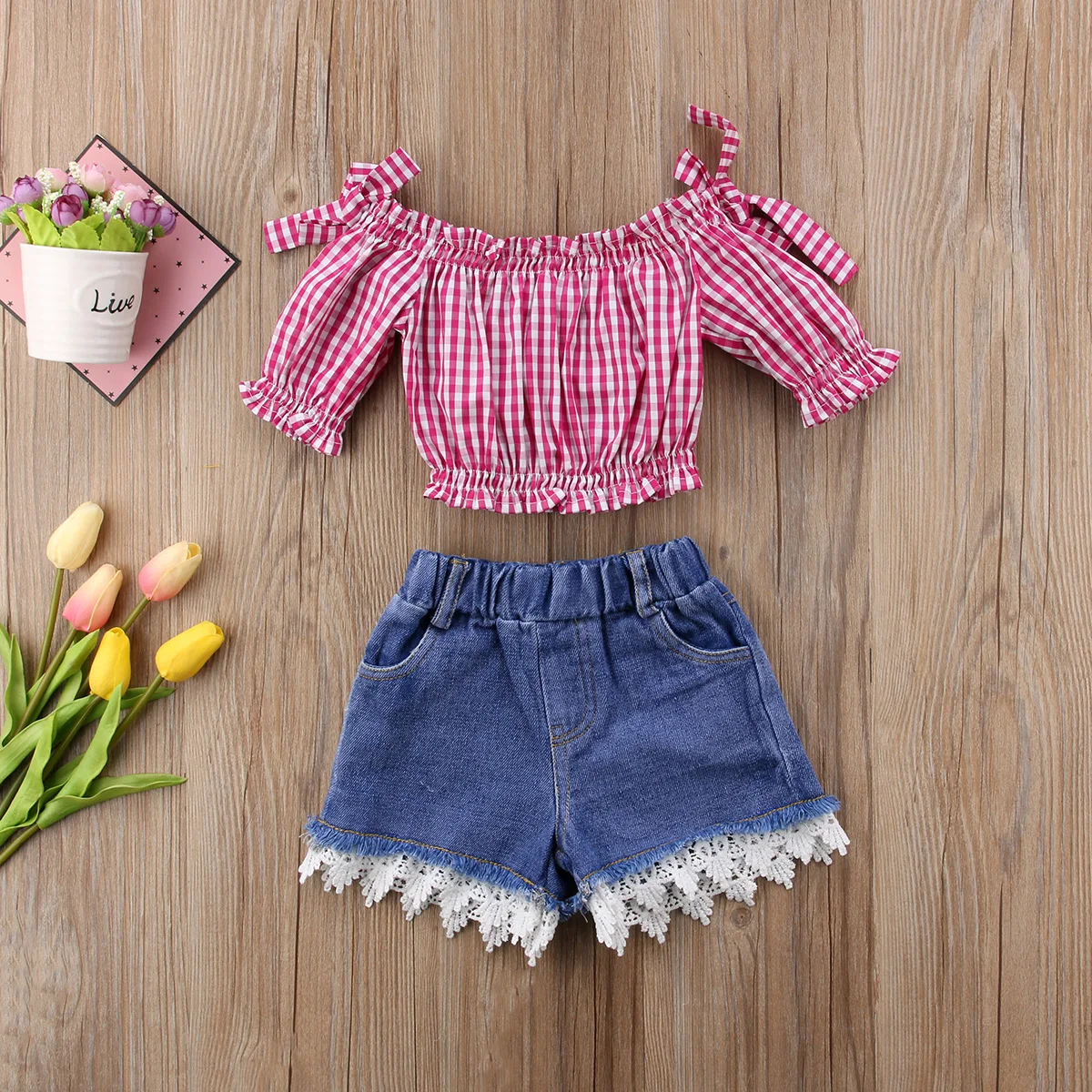 

2018 new Toddler Kids Girls Off Shoulder Tops Lace Denim Shorts Outfits Set 1-6T fashion summer plaid lovely cute features CH