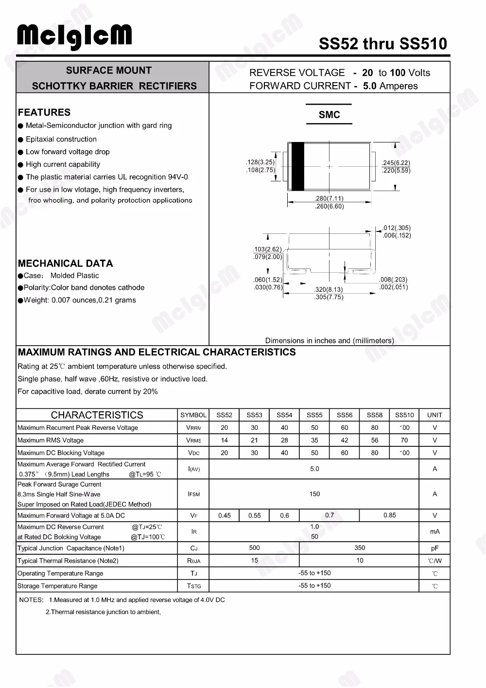 MCIGICM 50 шт. smc smd диод Шоттки 100 в 5A DO-214AB диод Шоттки ss510