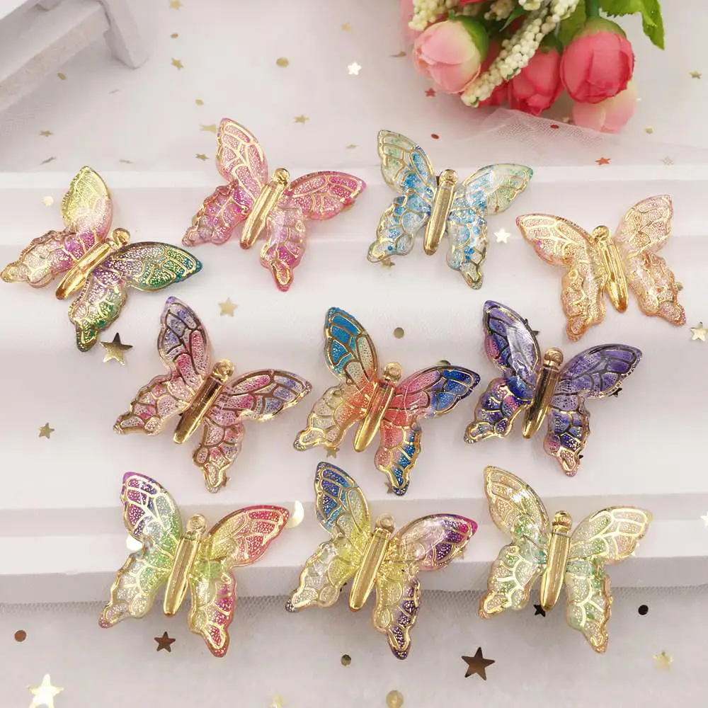 New 10pcs Resin Big Colorful Crystal Butterfly Flat Back Rhinestone Buttons DIY 1 Hole Wedding Scrapbook Accessories Craft W91