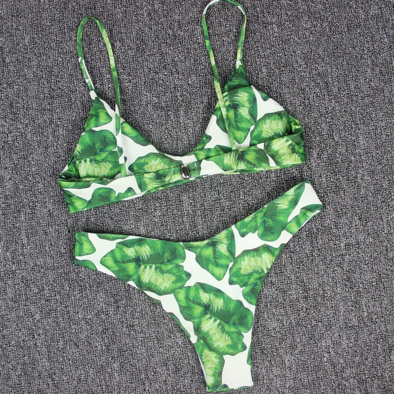 Комплект бикини с принтом в виде листьев, сексуальный купальник для женщин, купальный костюм с подкладкой, бикини, пляжная одежда, женское бразильское Тропическое бикини, купальник