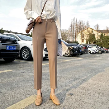 

2019 Women New Fashion All-Match Office Lady Pants Casual Empire Waist Female Zipper Fly Cargo Ankle-Length Pants