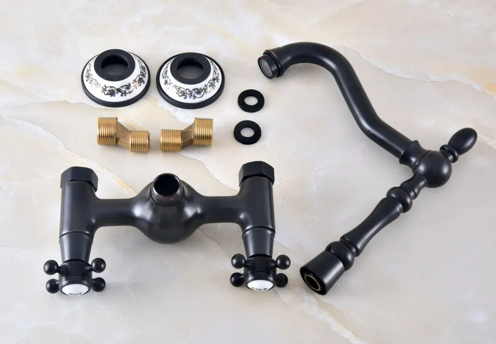 Black Oil Rubbed Bronze Brass Two Cross Handles Wall Mount Swivel Spout Kitchen & Bathroom Basin Sink Faucet Mixer Tap anf472