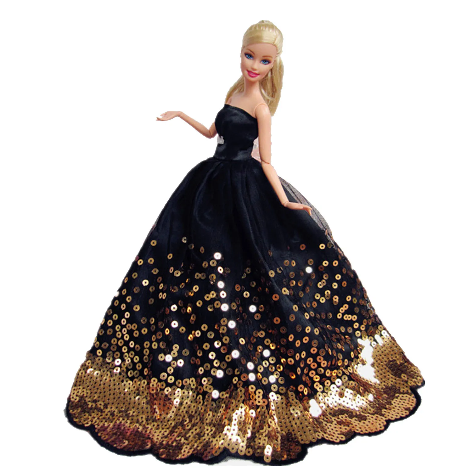 Besegad Mini Girl Doll Long Lace Gauze Dresses Evening Princess Gown Wedding Embroidered Clothes Accessories for Barbie Toy - Цвет: Black with Sequins