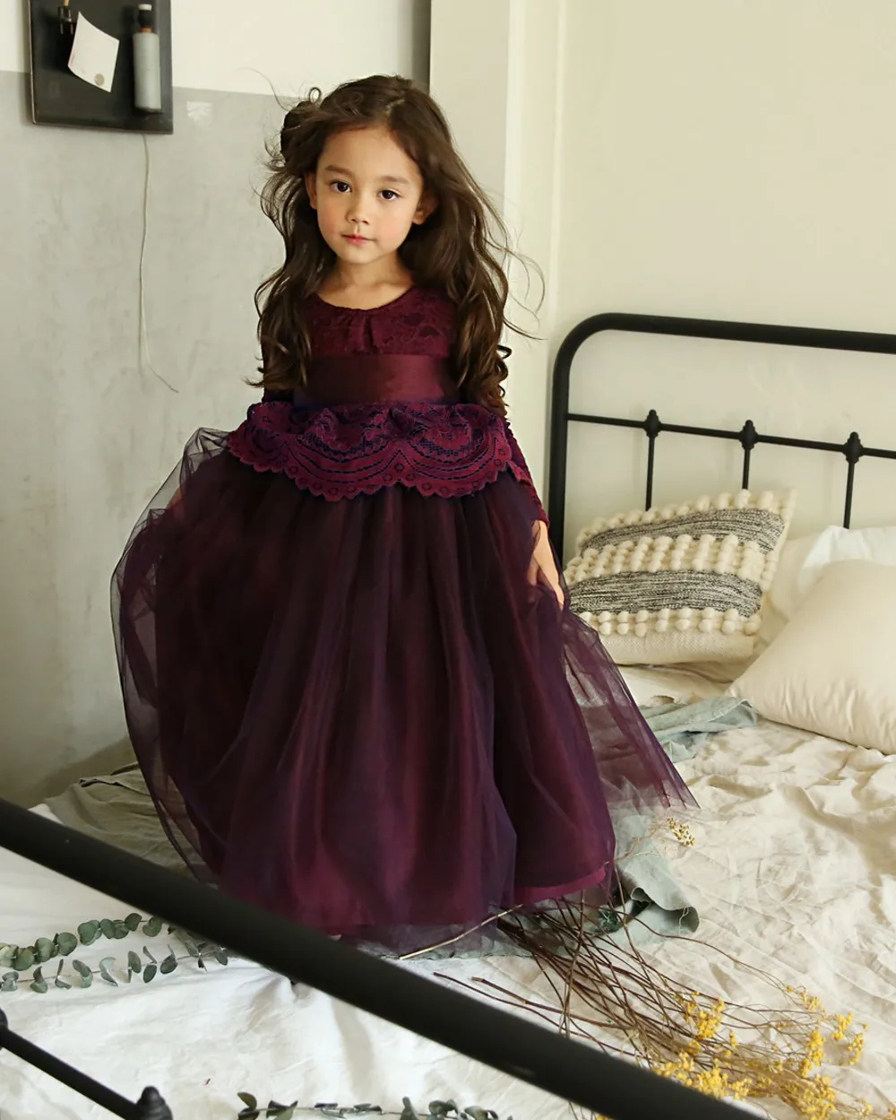 Высококачественное кружевное платье для девочек детское платье с длинными рукавами и поясом, От 2 до 13 лет Бальные вечерние платья принцессы для маленьких девочек, CA496