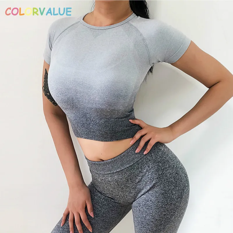 Ceny Colorvalue gradientu sportowe koszulki z krótkim rękawem kobiet szczupła O neck Fitness siłownia Crop topy koszulka szybkie suche bez szwu Athletic Tee