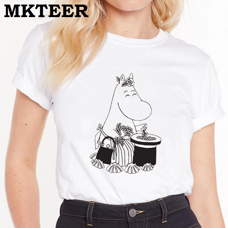 

Flowers with Moomins Aesthetic Women's Fashion Tee Shirt Femme Harajuku T Shirt Vogue Camiseta Mujer Summer Ulzzang Tops&Tees