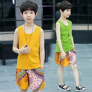 

2018 Summer Set Big Boys Clothes Suits Cotton Kids 2 Pcs Sleeveless T shirts+ Printed Shorts Clothing Sets Casual Children Set