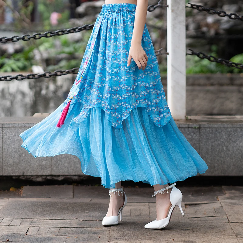 

Chinese Style Blue Pleated Skirt jupe femme 2019 New Summer Vintage Linen Stitching Irregular Long Maxi Skirts Womens Faldas