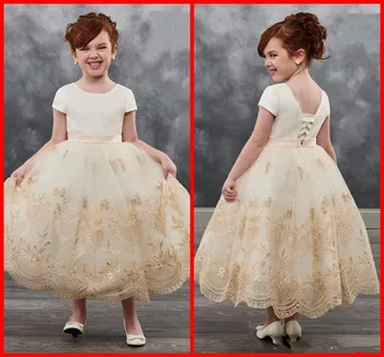 

Modest Princess Dress With Gold Lace Appliques Short Sleeves Open Back Little Girl First Communion Dress Custom Made New