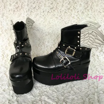 

Princess sweet gothic lolita Lolilloliyoyo antaina shoes custom black bright skin with white wings thick bottom flat shoes 5275s