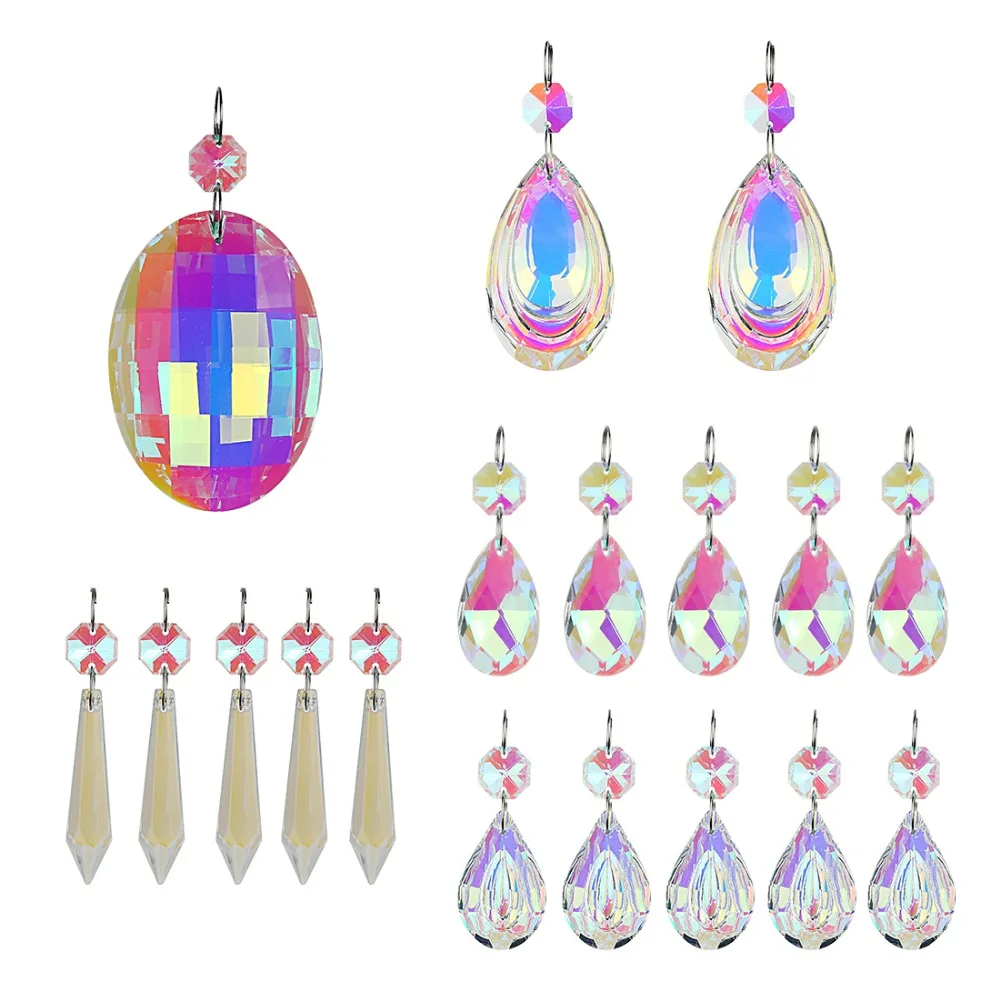 H&D 18pcs Colorful Lamp Prisms Parts with Octagon Bead Chandelier Glass Crystals Hanging Drops Pendants