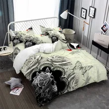 Valentine's Day Couples Bedding Set Skull Rose Duvet Cover Set Butterfly Print Bedding King Queen Pillowcase Home Decor 3Pcs