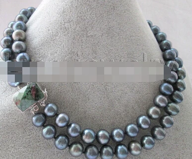 

Free shipping >>@ 977 Beautiful AA 17-18 "2row 12mm black round freshwater pearl necklace - 925 silver