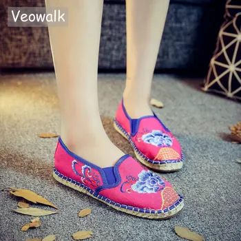 

Veowalk Floral Embroidered Women Canvas Espadrilles Fashion Ladies Casual Comfort Slip on Walking Flat Shoes Zapatos Mujer