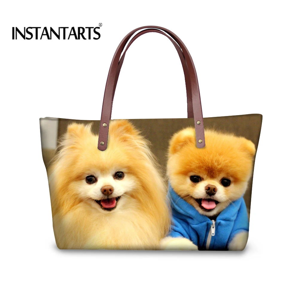 INSTANTARTS Pomeranian Print Large Capacity Handbags for Ladies Shopping Cute Dog Travel Tote