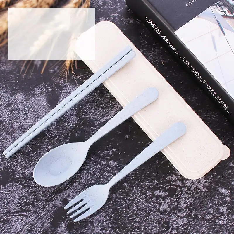 3-комплект посуды ложка Вилка палочки для еды с упаковка ткани столовые приборы для путешествий Открытый офис Пикник барбекю с коробкой - Цвет: Небесно-голубой