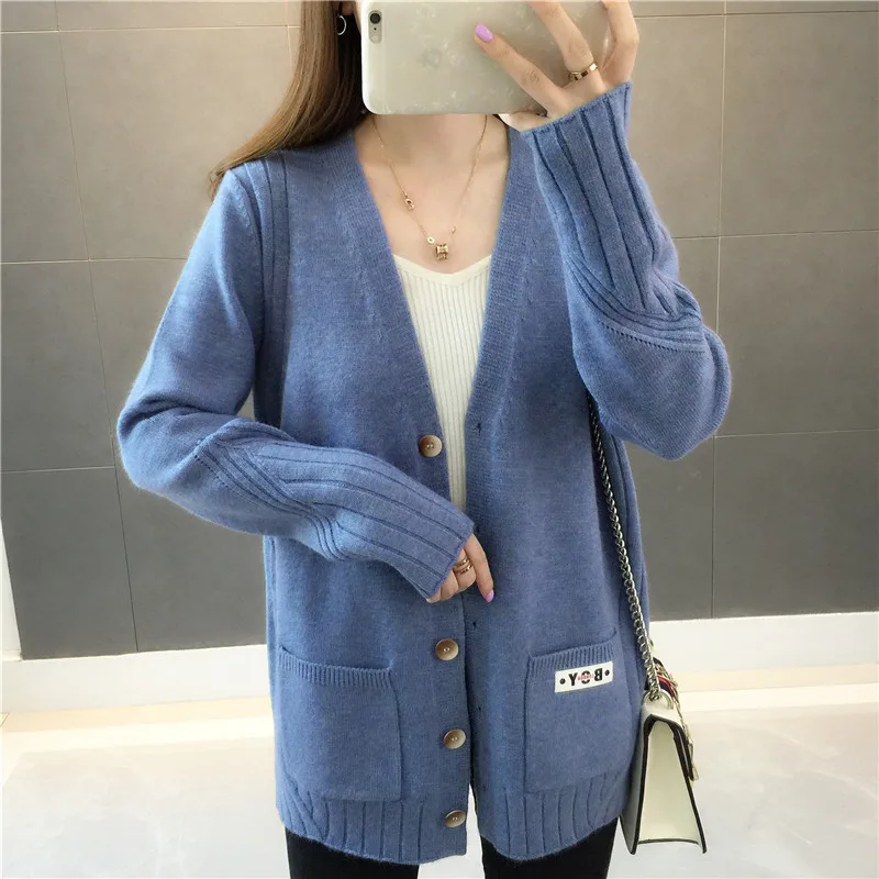 

PEONFLY Casual Women Cardigans Sweater V Neck Solid Loose Knitwear Single Breasted Casual Knit Outwear Winter Jacket Coat