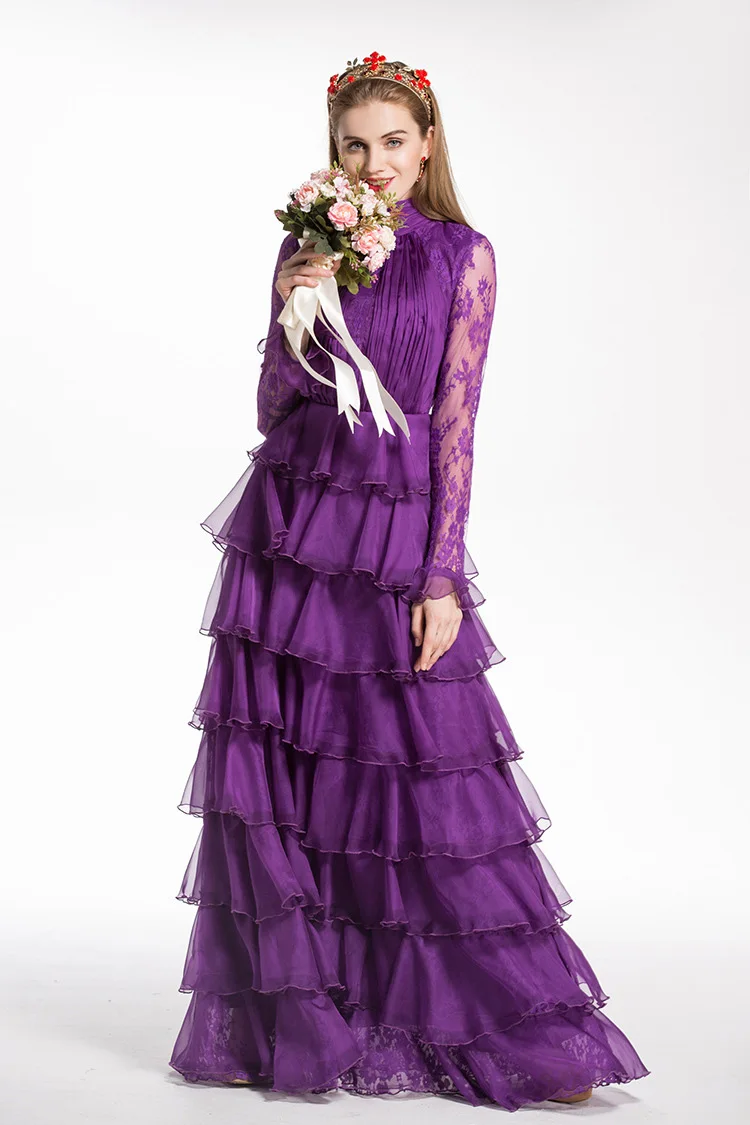 Новое поступление, женские платья со стоячим воротником и длинными рукавами, кружевные, с рюшами, в стиле пэчворк, многоуровневые, с оборками, для вечеринки, выпускного вечера, дизайнерские платья макси - Цвет: Фиолетовый
