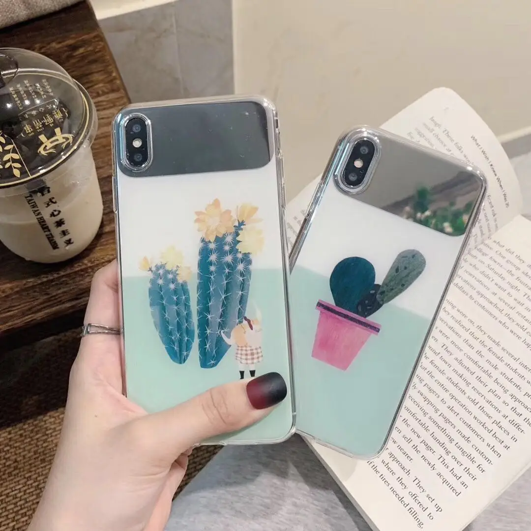 Green Fresh Painted Cactus Mirror Case for Iphone Xs Max Retro Glossy Clear Tpu Silicon Xr 6s 7 8plus Back Cover |
