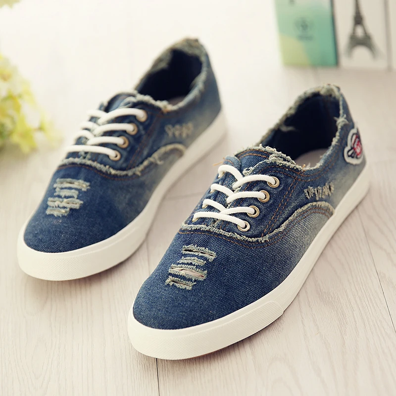 2017 New Arrival Women s Denim Hole Canvas Shoes Female Water Wash Denim Lacing Shoes Casual