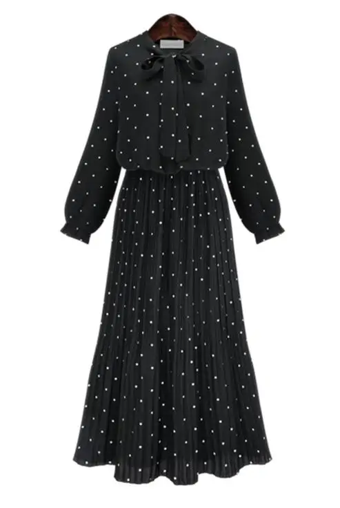 

2019 New Spring Round Neck Long Sleeve Solid Black Chiffon Dot Loose Big Size Dress Women Fashion Tide