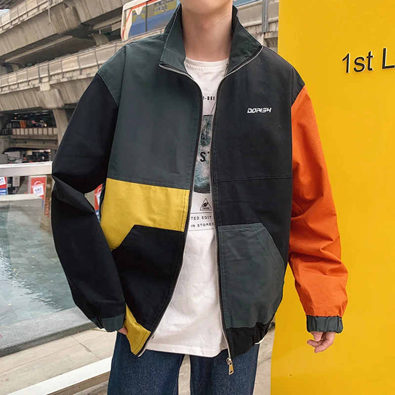 patchwork Oversized Jacket Men Summer Streetwear College Varsity Hip Hop Jacket Man Anorak Windbreaker Short Mens Coat 5J59