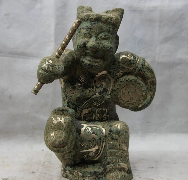 

S1277 Chinese Dynasty Bronze Silver-Gilt Carved Wild Animal Beat a Drum People Statue D0318
