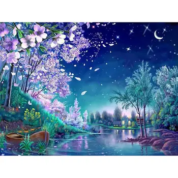 

Art Diy Diamond Embroidery Cherry Blossom Diamond Painting Natural Scenery Blue Night Surface Lake Full Drill Home Decoration