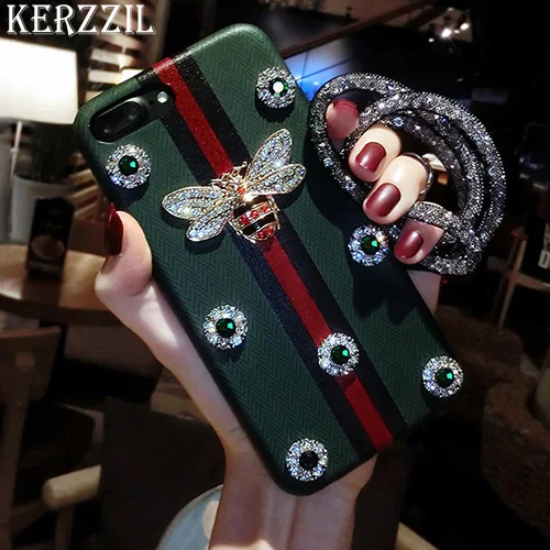 Protector funda de lujo rhinestone abeja para iPhone X 8 7 6 s Plus diamante textura geométrica cubierta tacto cuero