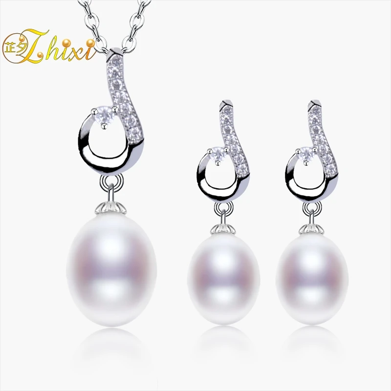 

ZHIXI Real Freshwater Pearl Jewelry Set Fine Jewelry Natural Pearl Necklace Pendant Earring For Women New Birthday Gift [T231S]