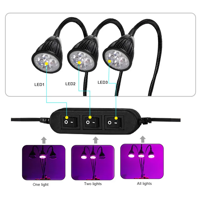 

3 Heads LED Grow Light Dual Head 15W Plant Grow Lamp with 360 Degree Flexible Gooseneck Fitolampy For Indoor Plants Greenhouse
