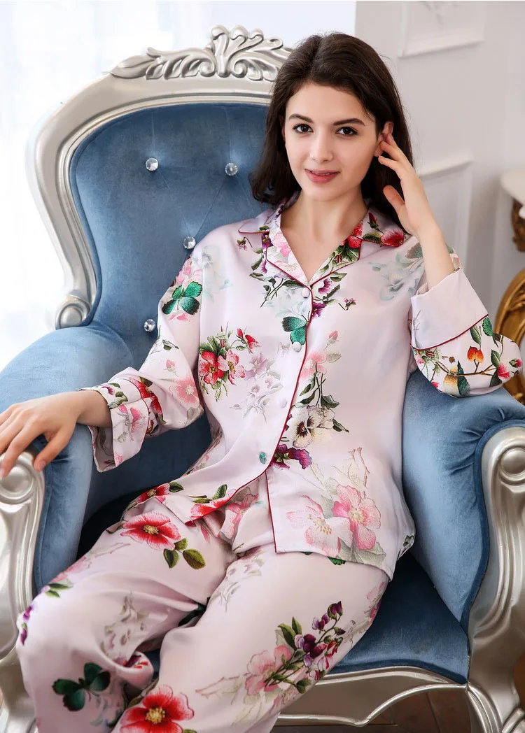 CAVME роскошные шелковые пижамы наборы для Для женщин элегантные женские Pyama, комплекты одежды больших Размеры с принтом длинный рукав штаны Домашняя одежда для сна