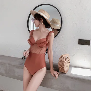 

Swimsuit Woman 2019 1 Piece One Swimsuits Swiming Suit Women Web Ins Fairy Caramel Color Lace Solid Spandex Sierra Surfer Sexy