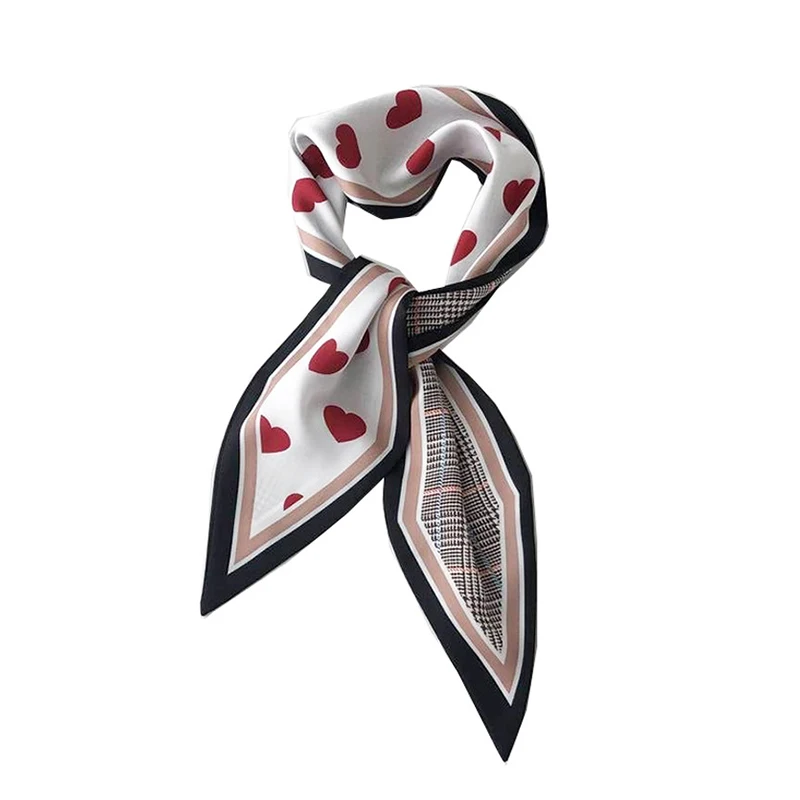 87*10cm Retro Silk Small Scarf Women Spring Autumn Love Heart Pattern Multi-function Hair Tie Hair Band Scarves Accessories LB