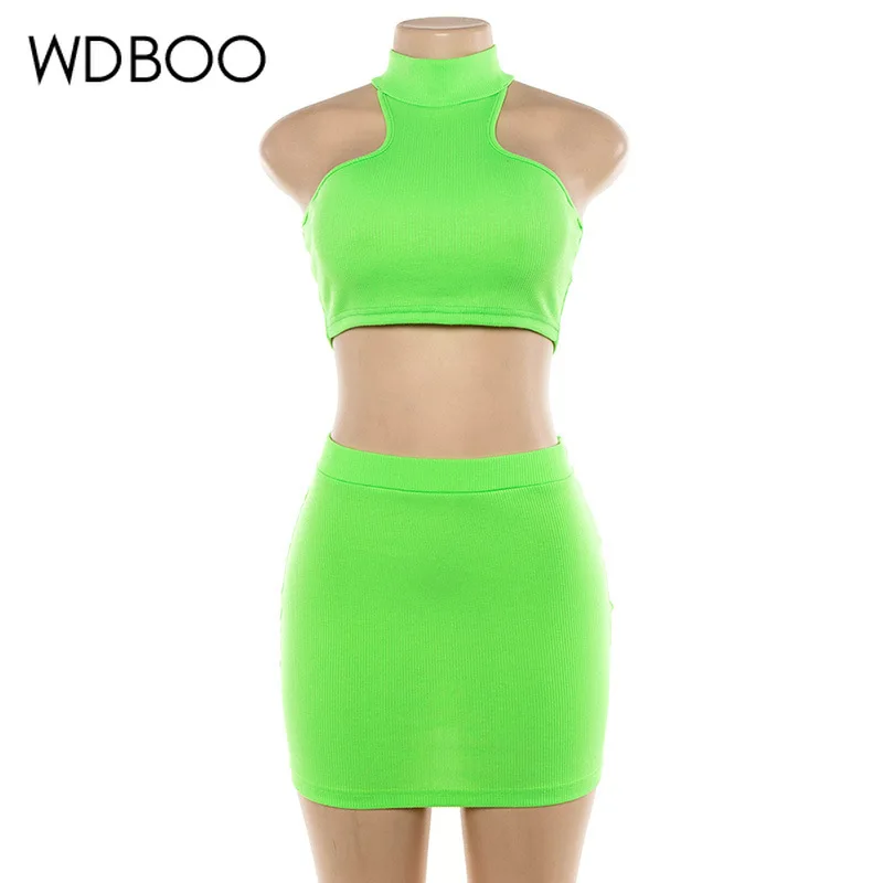 

WDBOO Neon Green Orange Skirt Set Women Rib Knit Halter Crop Top Mini Skirt Two Pieces Outfits Sweet Autumn Streetwear 2PCs