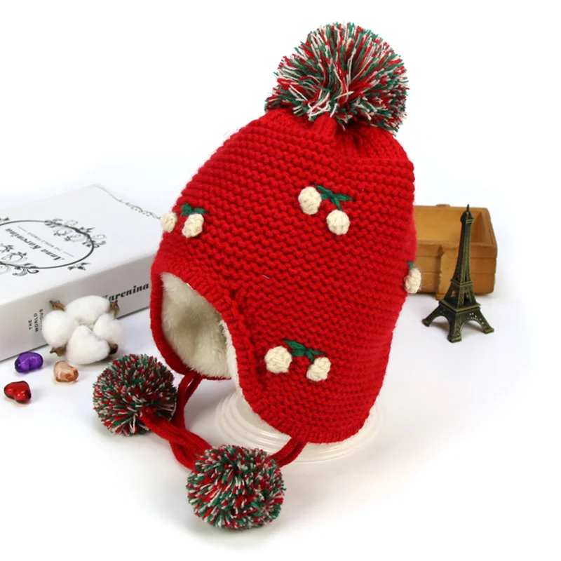 Cheery Knit Baby Hat Warm Velvet Winter Hat For Girls Ear Protect Lace Up Baby Beanie Pompom Cute Toddler Hat Baby Girl Clothing (13)