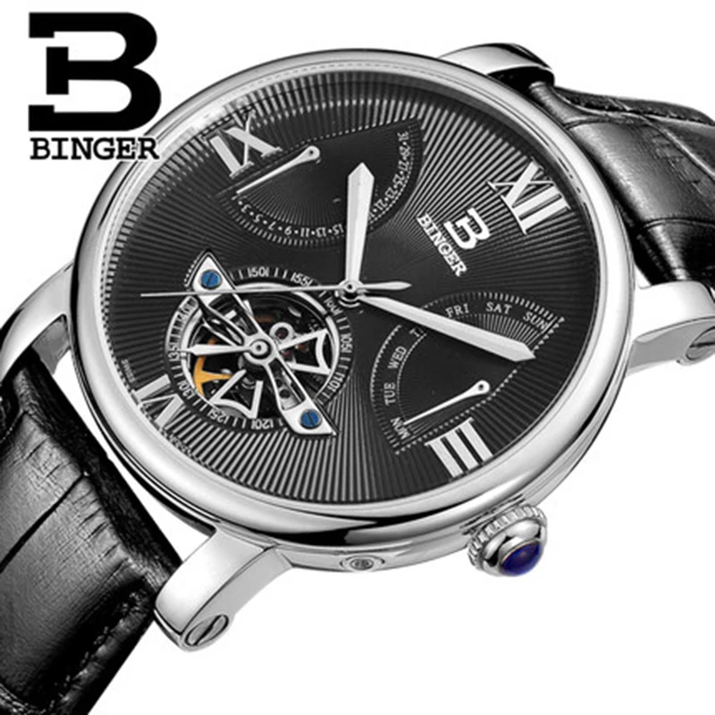Genuine Luxury BINGER Brand men automatic mechanical self-wind sapphire watches calendar leather strap Tourbillon free shipping