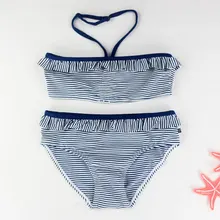 Striped Splicing Girl Bikini Two Pieces Swimming Suit Halter Straps Swimsuits for Baby Girl Lace-up Girls’ Swimming Suit Kids