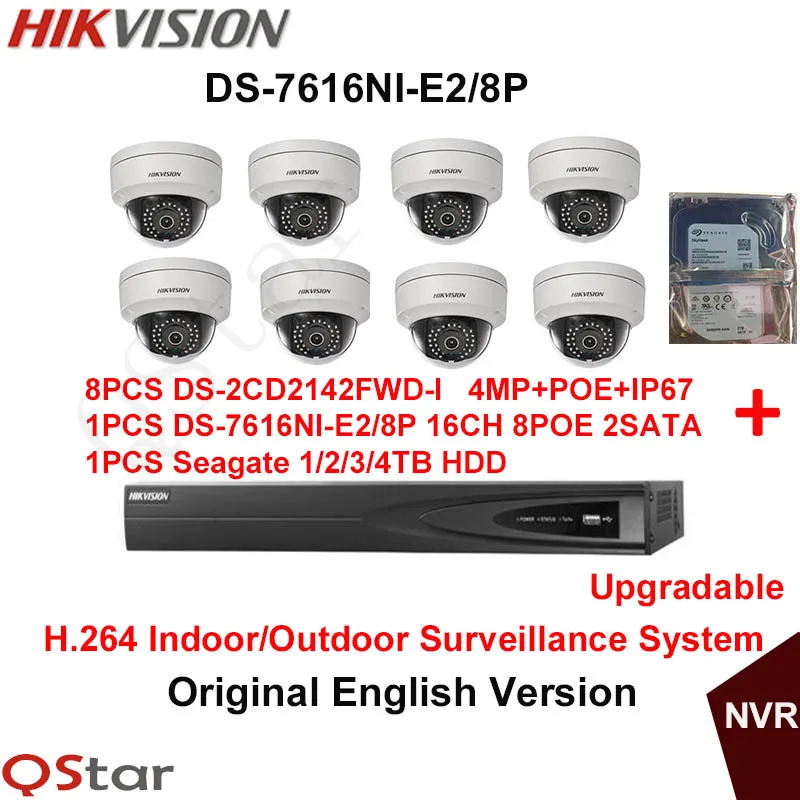 Hikvision Original English H.264 Surveillance System 8pcs DS-2CD2142FWD-I 4MP IP Camera POE+6MP Recording NVR DS-7616NI-E2/8P |