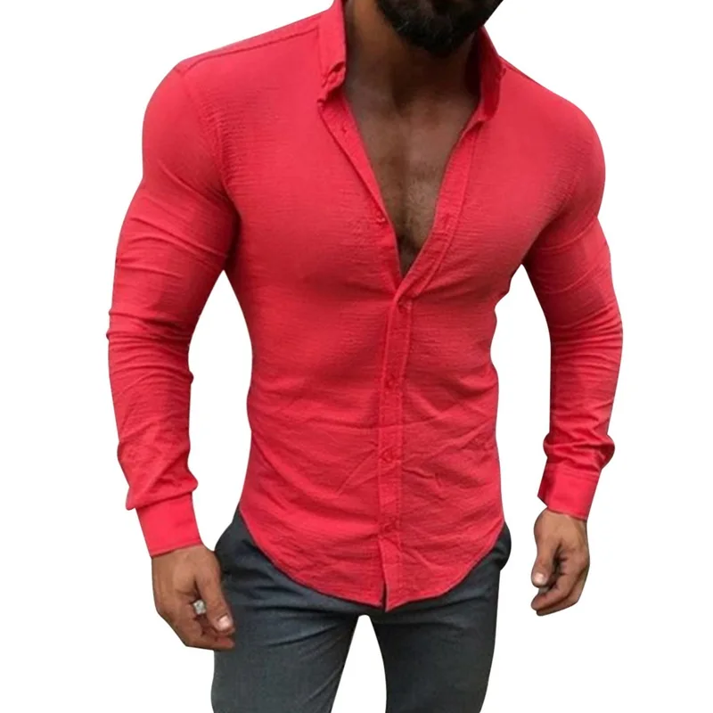 Loozykit Мужские приталенные повседневные рубашки с отложным воротником новые однобортные рубашки с длинным рукавом мужские однотонные рубашки camisa masculina