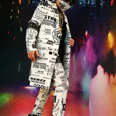 

Suits Sets Men Costume Homme Fashion Graffiti Casual Hip Hop Long Slim Blazer Masculino Jacket Male Party Stage Singer Costume
